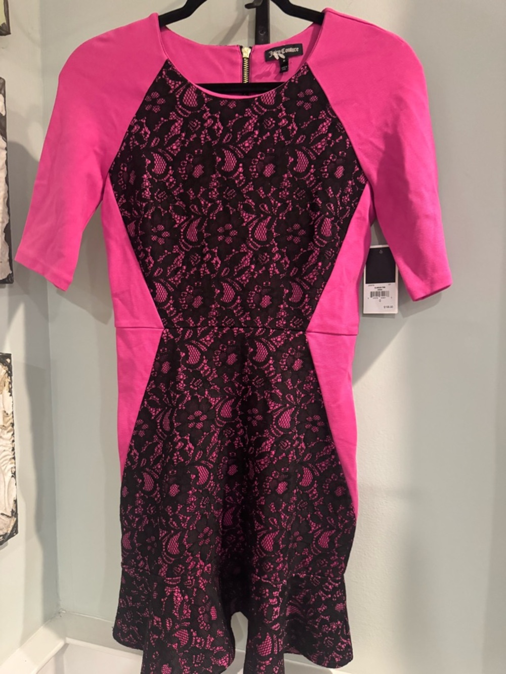 Vintage Y2K Juicy Couture Hot Pink and Black Lace Paneled Midi Dress